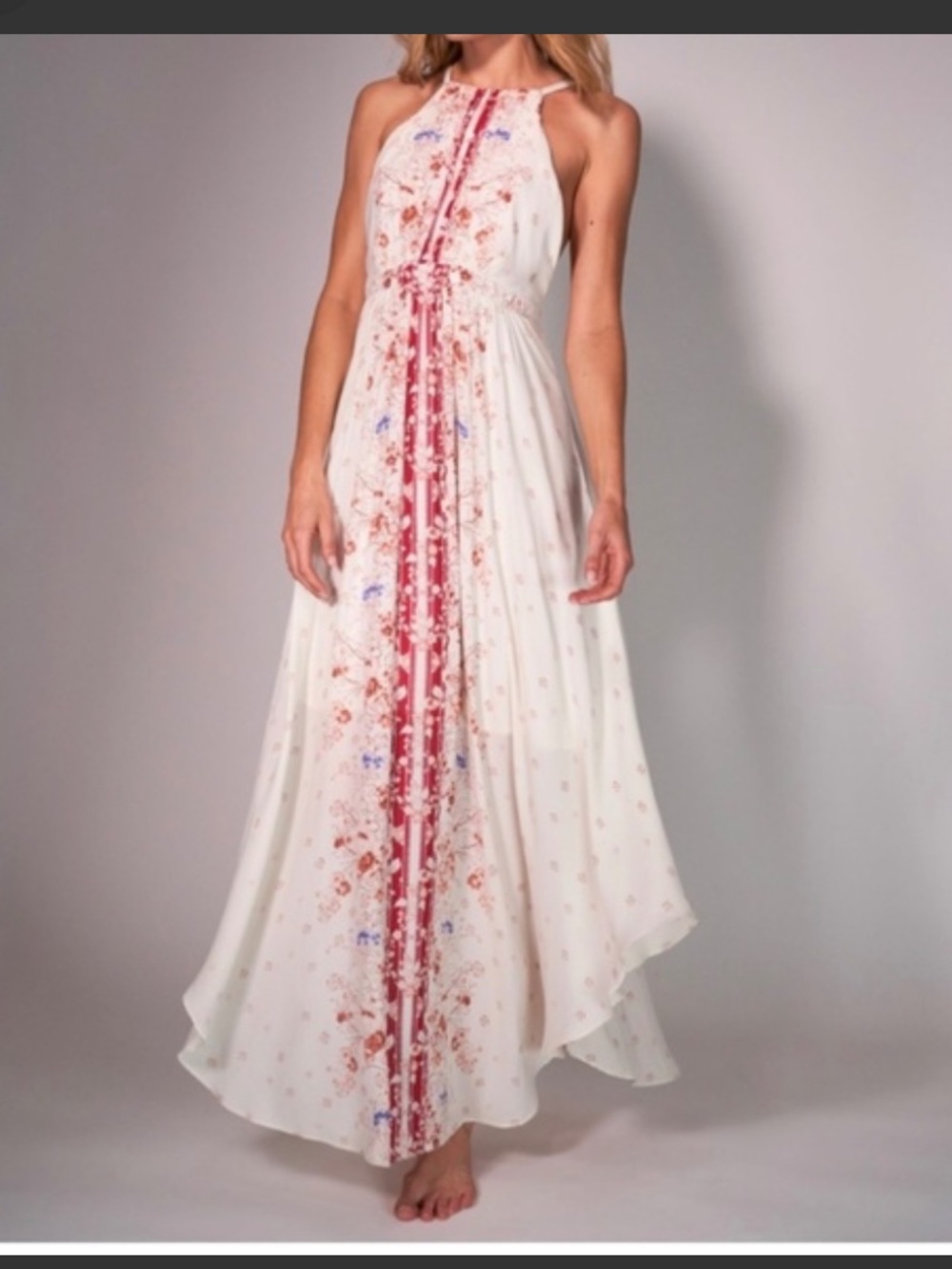 Sadie & Sage White Halter Maxi Dress with Pink Floral Trim. Size Large.
